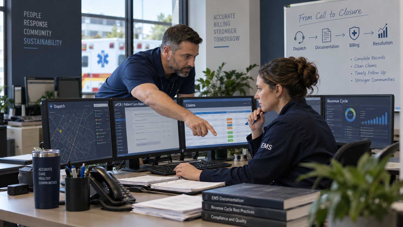 EMS revenue-cycle specialists tracing a claim through operational source data