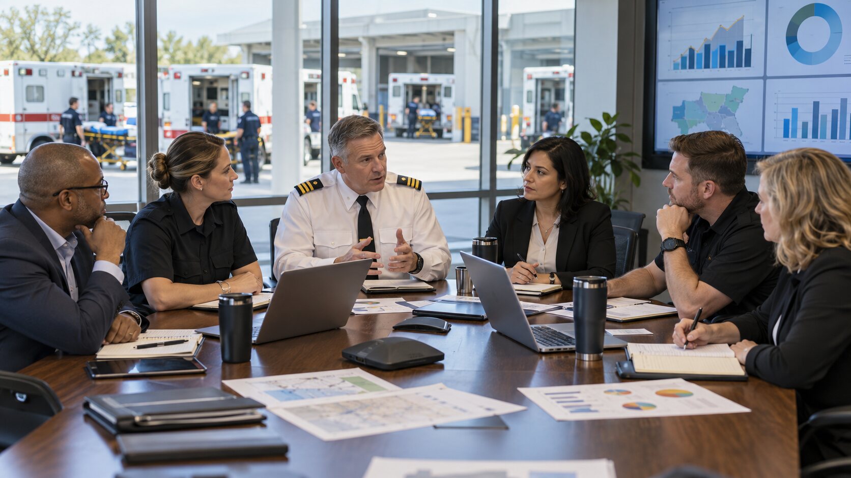 EMS executive leadership team reviewing agency-wide performance