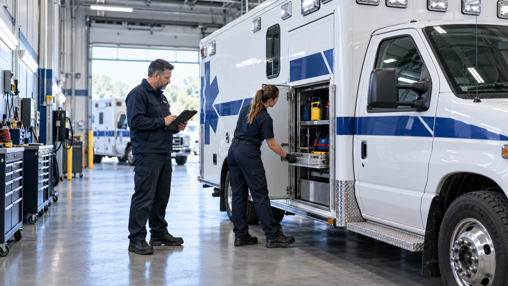 Fleet manager and technician inspecting an ambulance in a maintenance bay