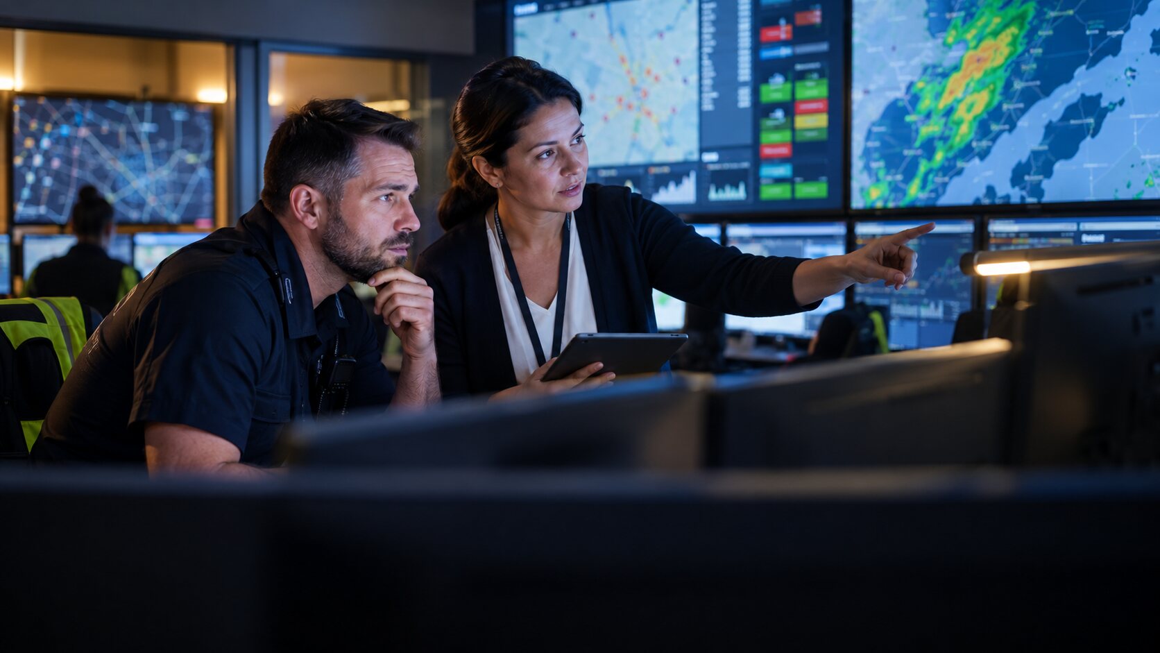 EMS intelligence and public-health analysts reviewing regional operational conditions