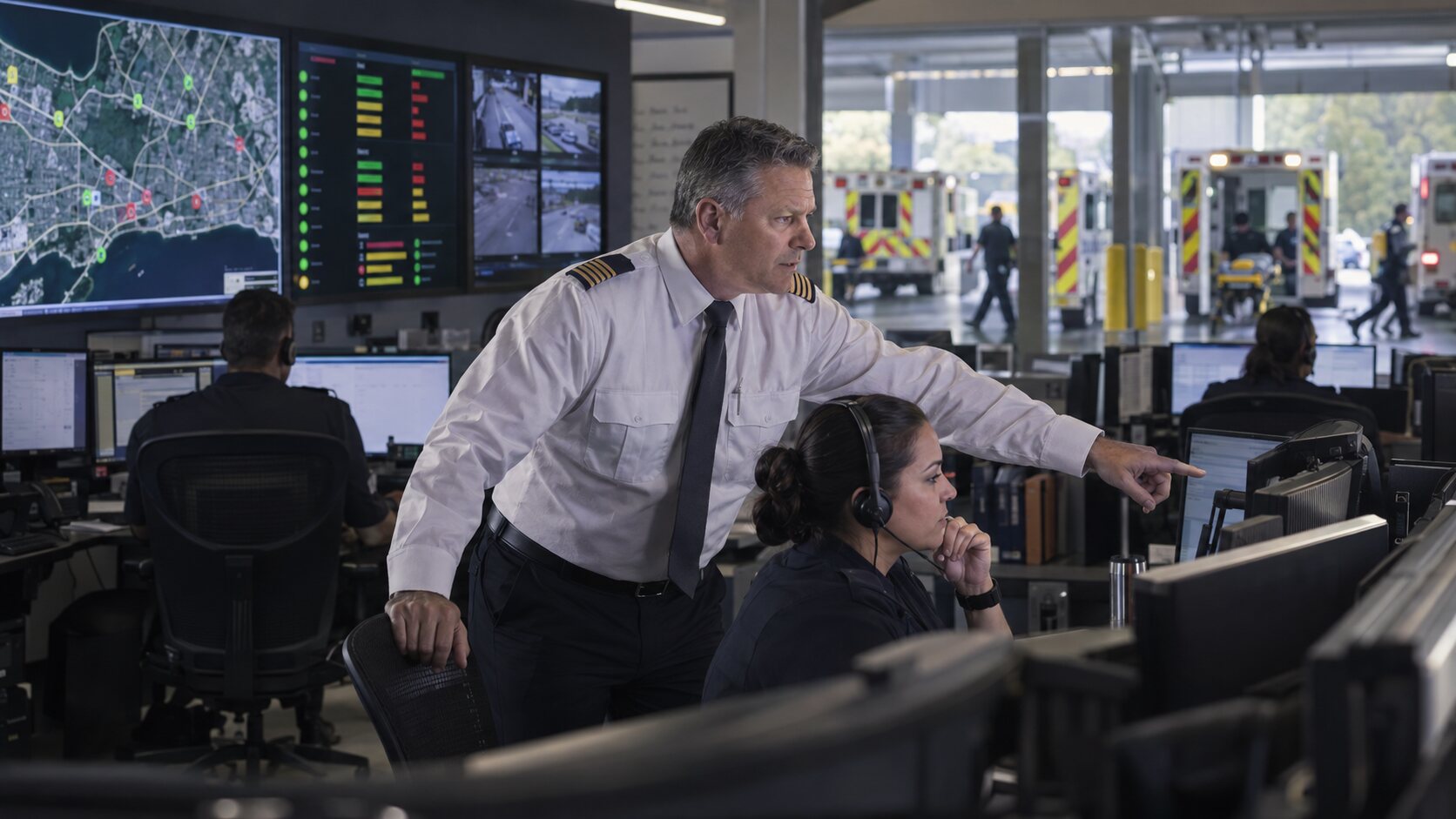 EMS operations chief coordinating demand and unit readiness from a communications centre