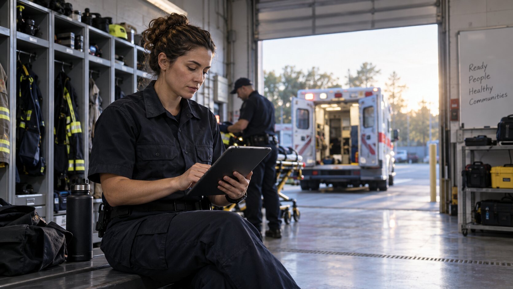 Paramedic reviewing personal readiness and assigned follow-up before shift