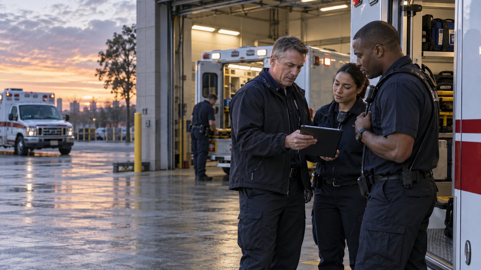 EMS field supervisor coordinating readiness with a paramedic crew at dawn