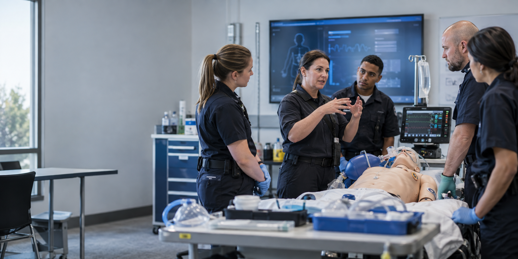 EMS clinical educator leading paramedics through a simulation