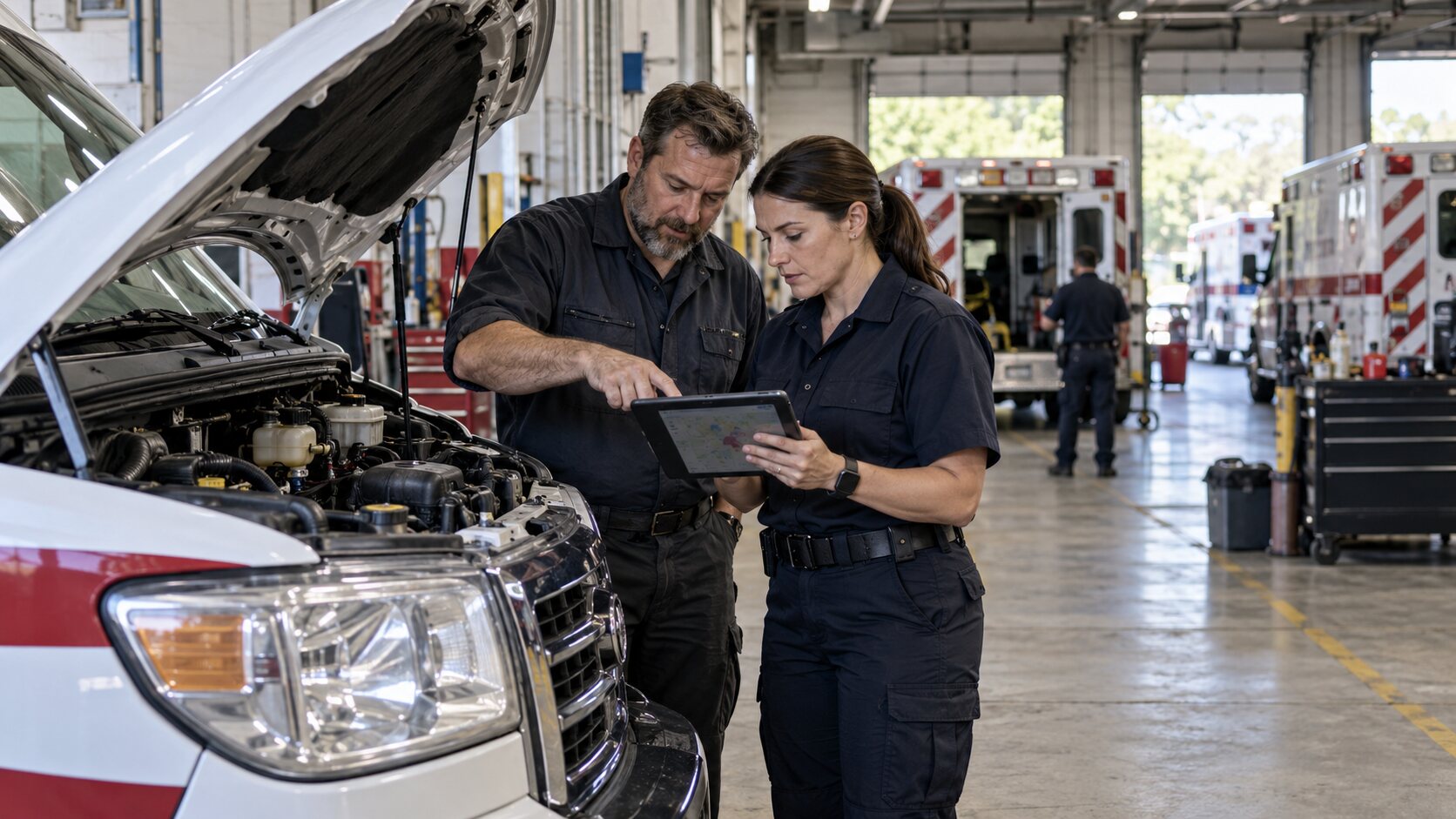 Fleet technician and EMS supervisor connecting vehicle readiness to coverage